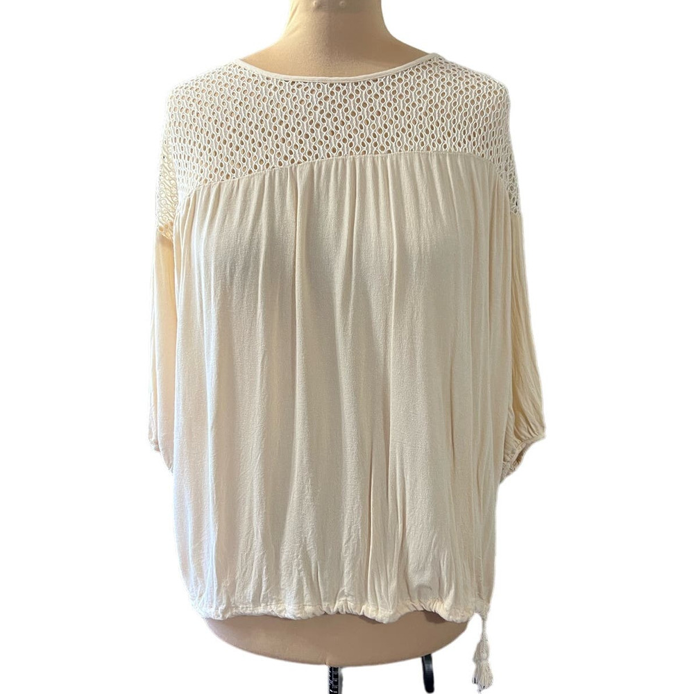 POL Cinched Hem Top Fishnet Collar Gauzy Size L